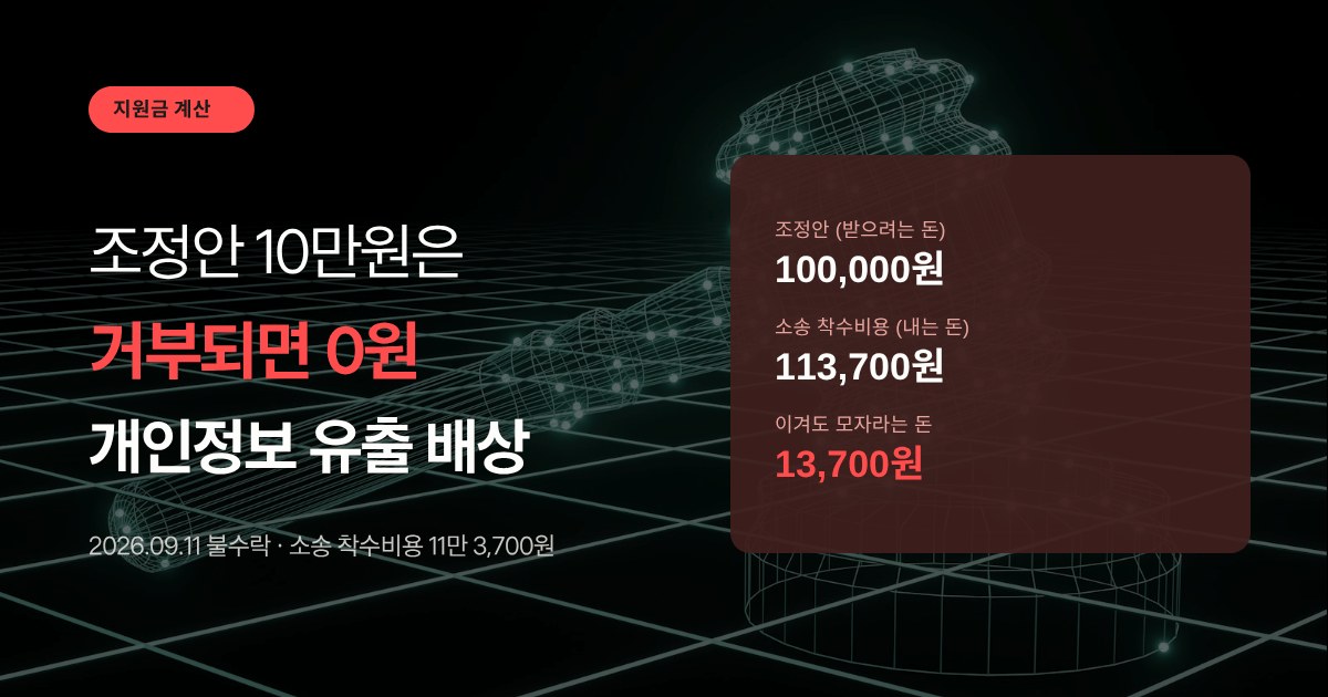 개인정보 유출 배상 조정안 10만원과 소송 착수비용 11만 3,700원을 나란히 보여주는 대표 이미지