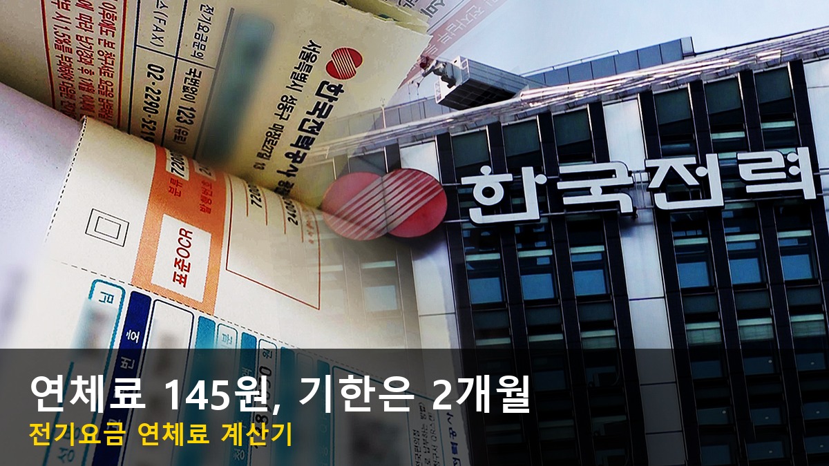 한국전력 사옥 간판과 전기요금 고지서를 합친 이미지, 하단에 연체료 145원 기한은 2개월 글자 띠