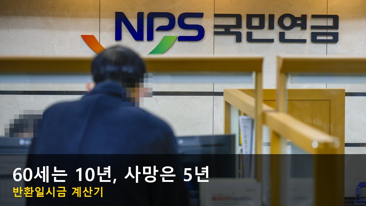국민연금공단 창구 앞에 선 사람의 뒷모습과 NPS 국민연금 간판, 하단에 60세는 10년 사망은 5년 글자 띠